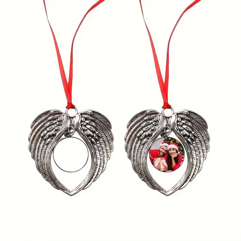 Adorno personalizado de corazón de alas de ángel, decoración personalizada para el hogar con foto con cinta roja, regalos navideños de metal, recuerdos personalizados
