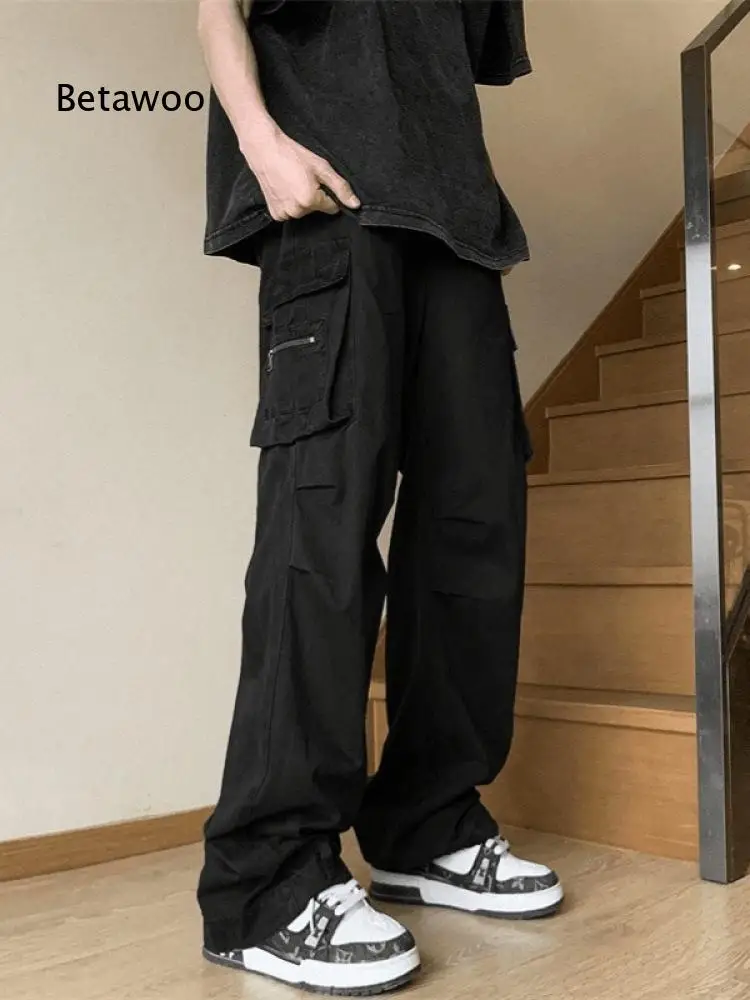 Men Multi Pocket Cargo Pants Loose Wide Leg Trousers With Zipper Pockets Casual Bottoms For Daily Streetwear Outfit Matching