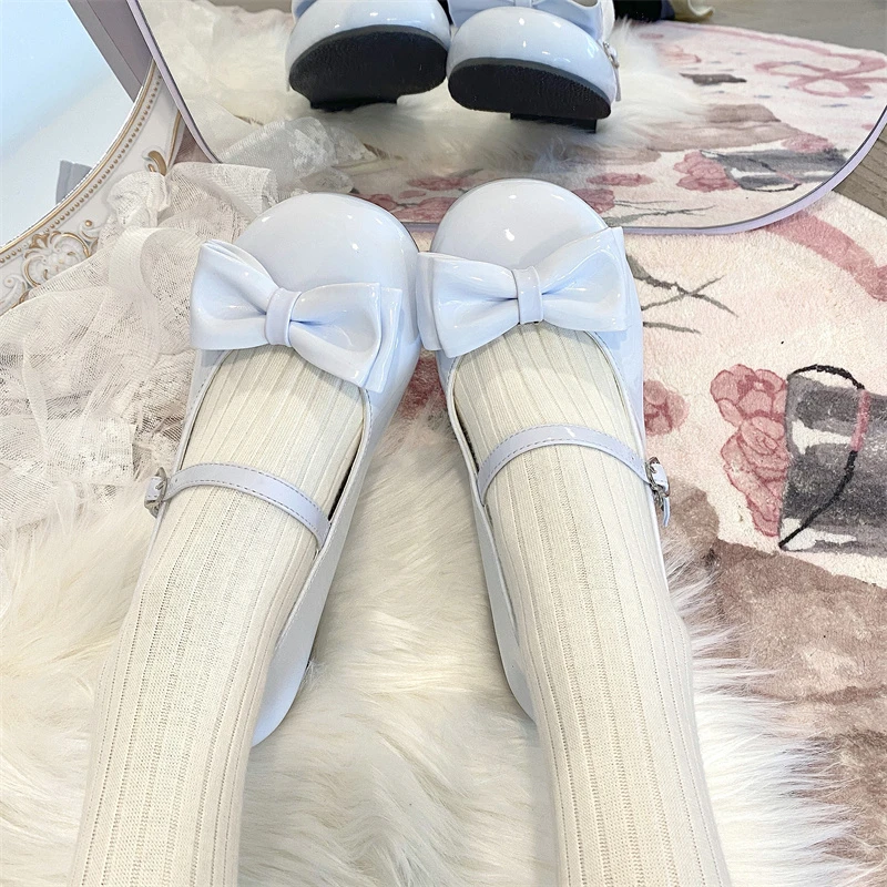 Sweet Cute Bow Low Heel 1cm Flats Round Head Loli Shoes Lolitas For Kawaii Girls Harajuku Jk Uniform Shoes