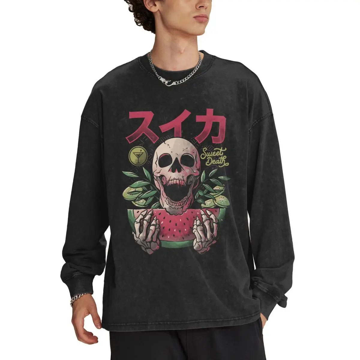 Vintage Oversized T Shirts for Men Cotton Baggy Crew Neck Sweatshirt Acid Wash Long Sleeve Tee Shirts Top Skull Graphic Designed