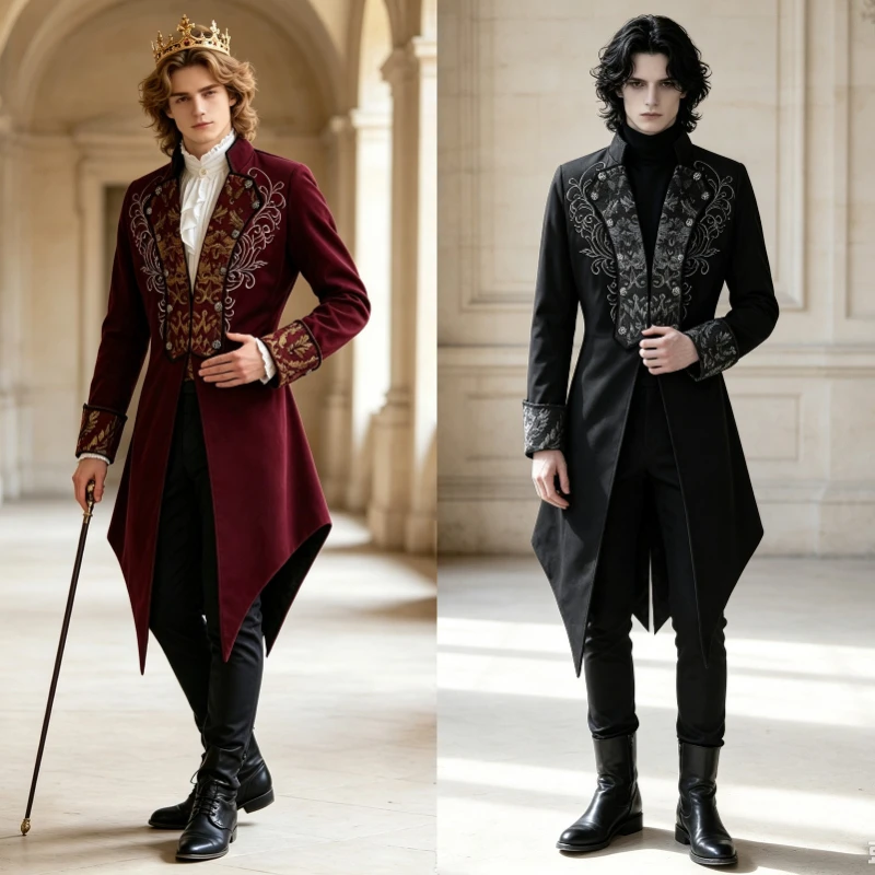 Men Victorian Vampire Tailcoat Jacket,Steampunk Gothic Costume,Medieval Noble Court Brocade Tailed Coat for Halloween Cosplay