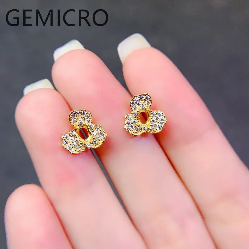 Fashion DIY Flower Earrings Empty Holder S925 Sterling Silver Setting 3x4mm Ellipse Stone Fine Charm Weddings Jewelry for Woman