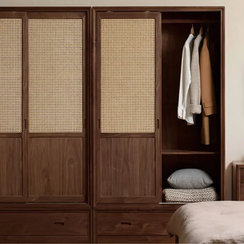 New Chinese solid wood wardrobe black walnut rattan sliding door large wardrobe sliding door storage cabinet bedroom
