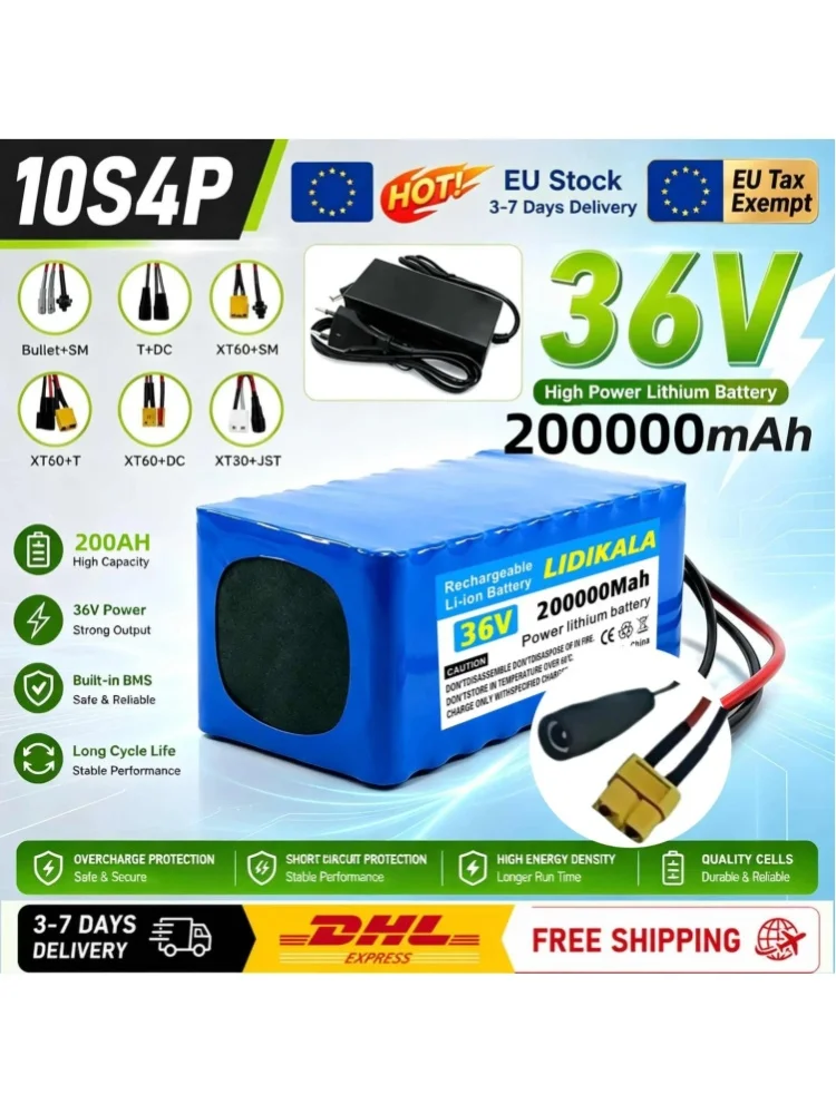36V 10S4P 200000mAh wiederaufladbarer Lithium-Akku, Hochleistungsakku mit mehreren Anschlüssen XT60 + Gleichstrom-Stecker für Elektrofahrräder, wird mit einem speziellen Ladegerät geliefert