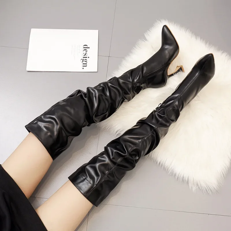 2024 New Winter Leather Boots Women Stiletto Pointed Toe White Heeled Knee Boots Wine Glass Heel Side zipper Thigh Gigh Booties