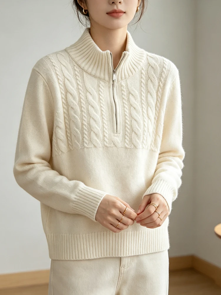 Layering Top 2026 Autumn Winter New Half Zip Collar Shoulder-Fitted Cable Knit Women Pullover Elegant High Sense Knitted Sweater