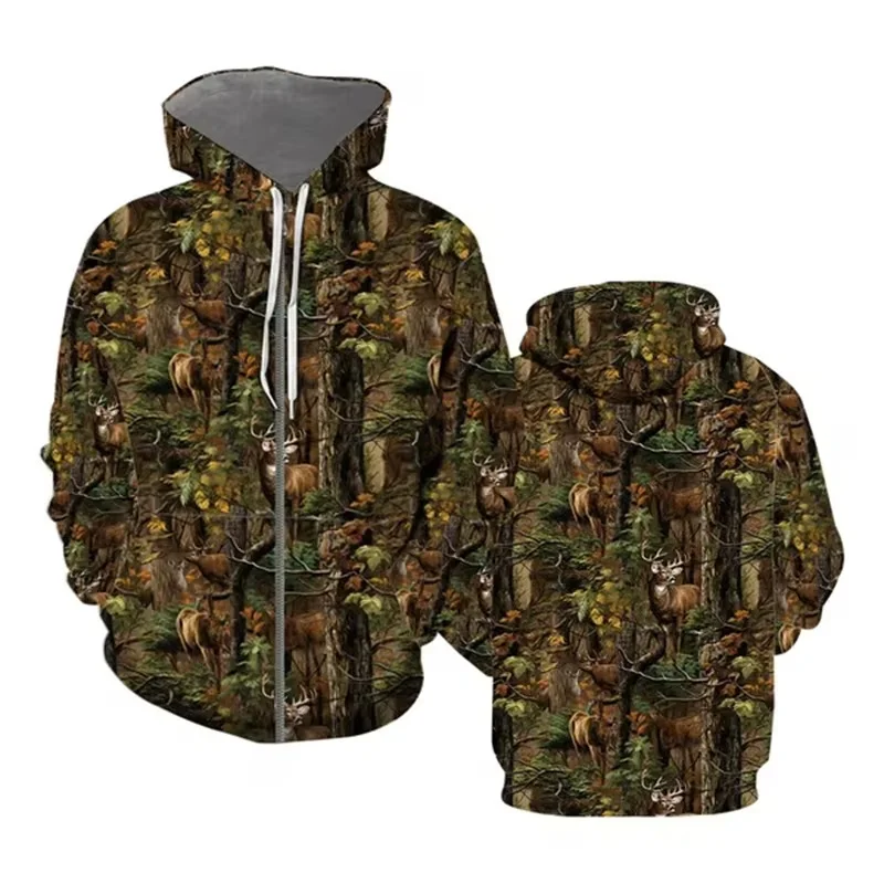 Withered Leaf 3D Printed Hoodies Y2K Men Forest Camouflage Graphic Sweatshirts Autumn Street Casual Oversized Hooded Zipper Coat