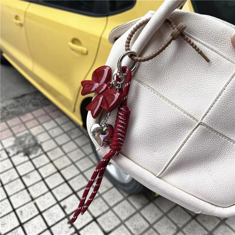 Strap for Keys Red Phone Decorations Acrylic Love Pattern Keycord Braided Lanyard With Silicone Bracelet Telephone Portable