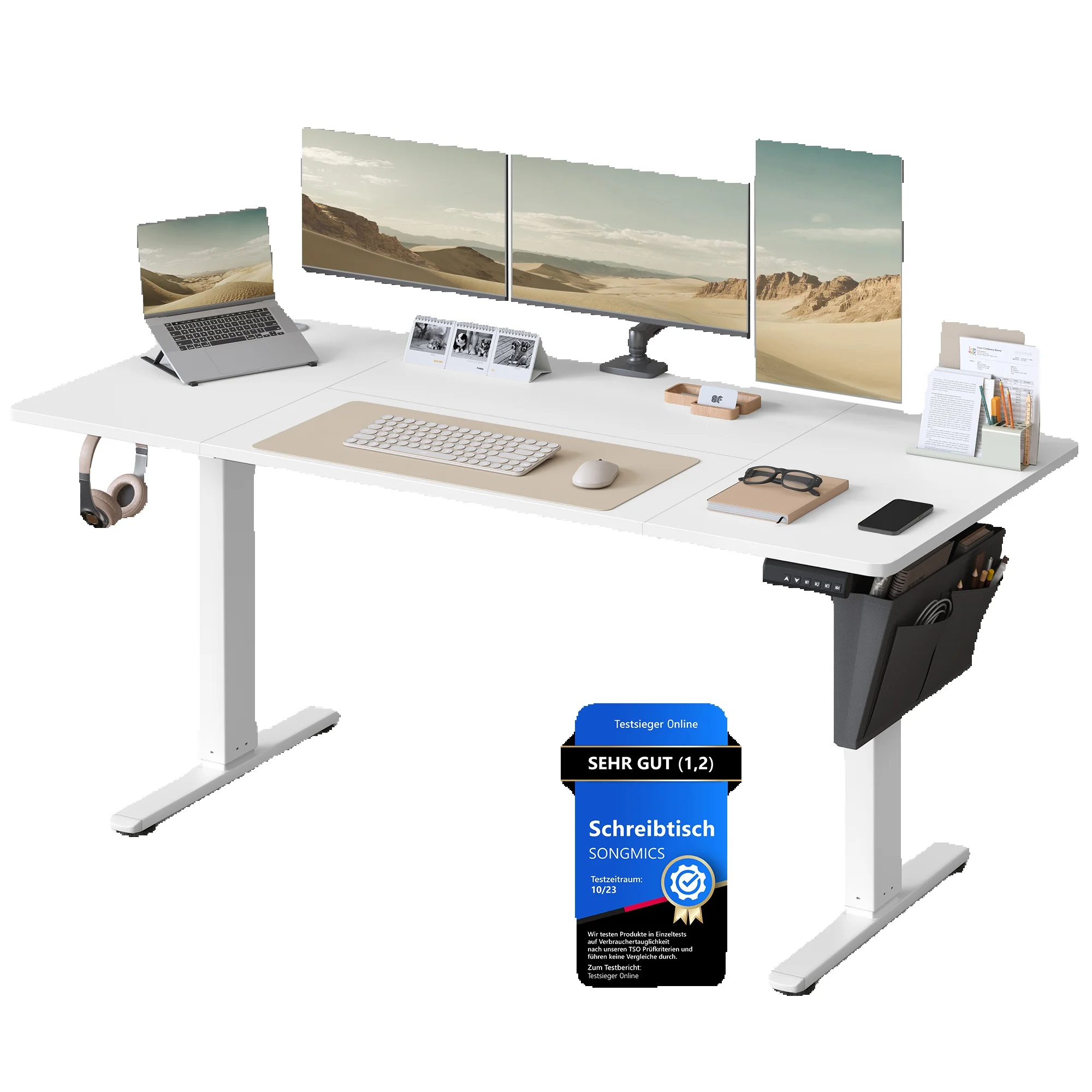 SONGMICS In hoogte verstelbaar bureau elektrisch, 70x160 x (72-120) cm, verstelbare tafel, geheugenfunctie voor 4 hoogte