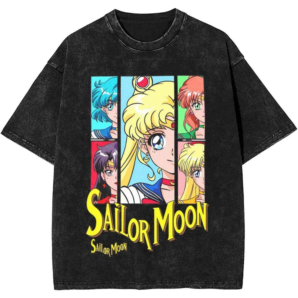2026 Sailors Moon Summer Fashion Washed Black Cotton Pure Cotton Round-neck Short-sleeved T-shirt for Men