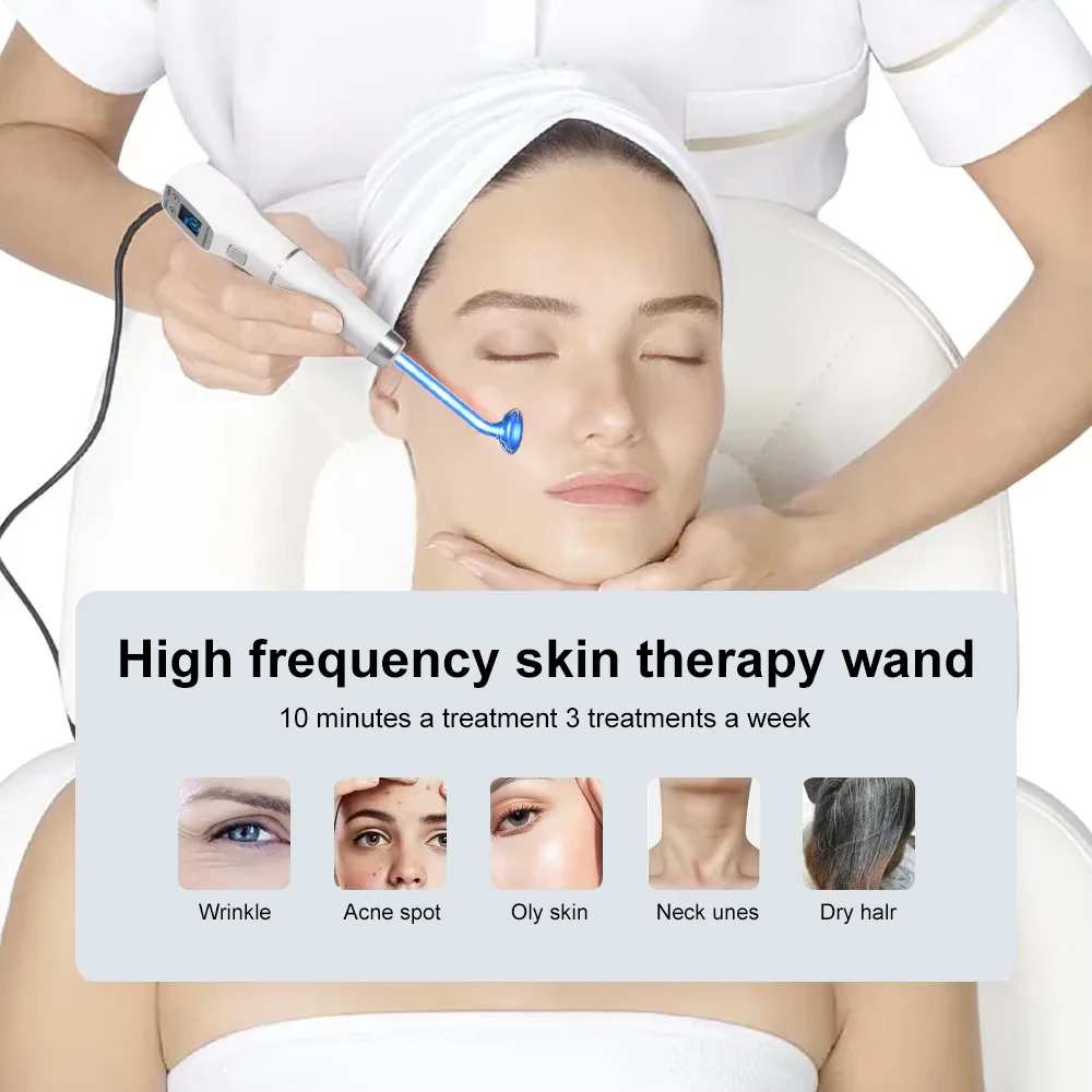 Blue High Frequency Facial Machine Screen Display Neon Electro Therapy Wand Glass Tube Anti Acne Spot Remove Skin Care Device