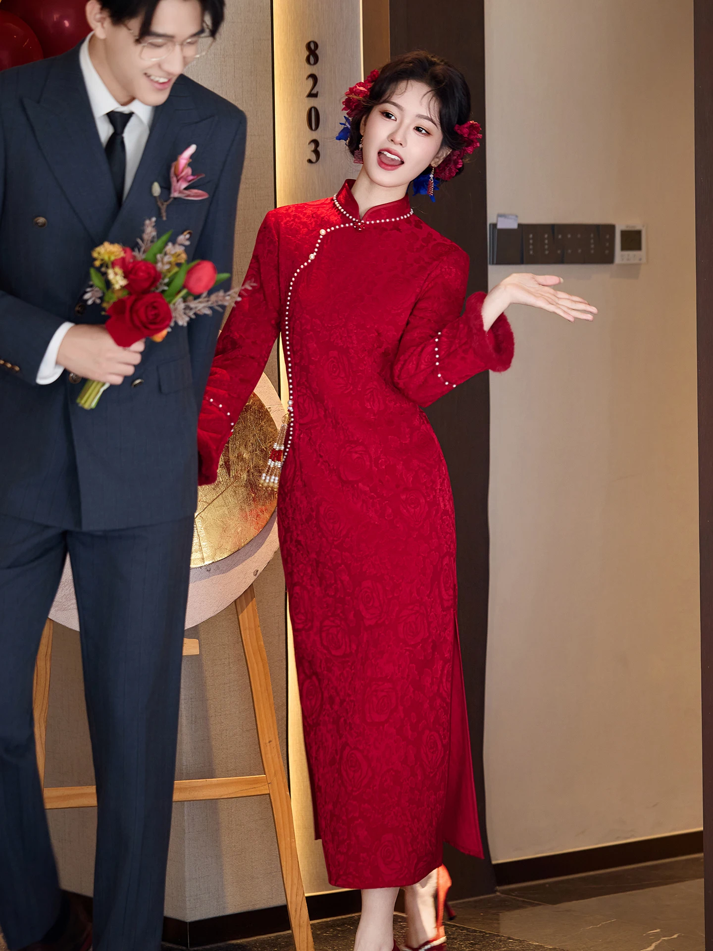 

Red Wedding Thiened Long Sve Flag Robe Marriage Dr Small Size Winter Ceremony Chinese Sle New Bride Costume