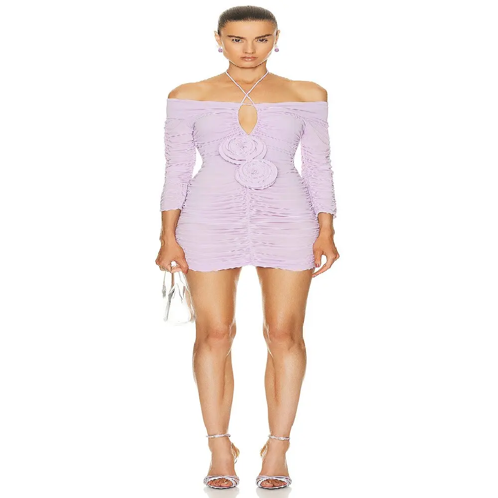 

Fashion Women's Light Purple Hanging Neck Dress Sexy Chic Hollow Out Fold Design Three Dimensional Flower Decoration Vestidos