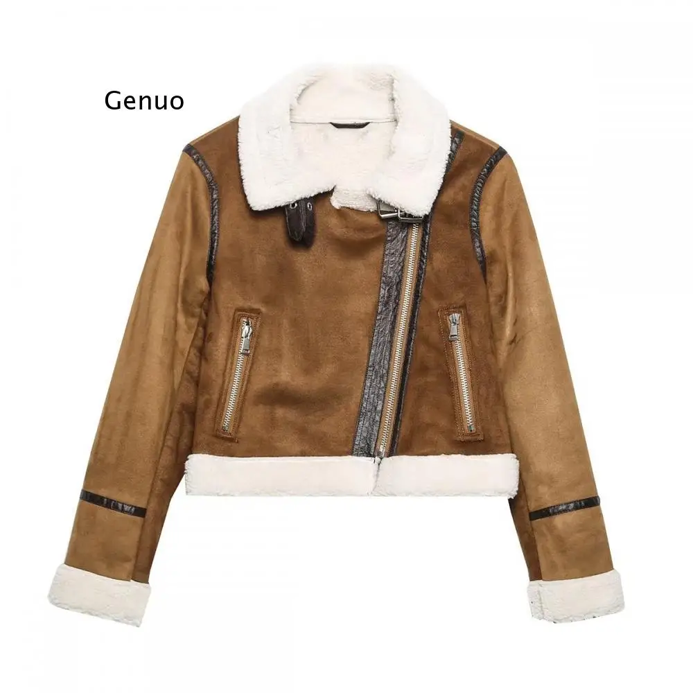 New Fashion Suede Teddy Brown Woman Jacket Vintage Patchwork Pu with Zipper Winter Coat Women Female Outwear Tops