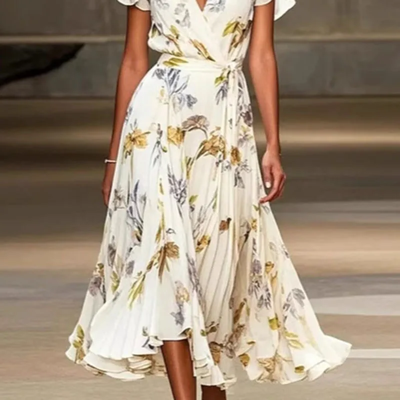 Robe portefeuille décontractée, col en V, taille haute, élégante, imprimé Floral, à volants, ligne a, manches courtes, style Boho, robes longues, printemps
