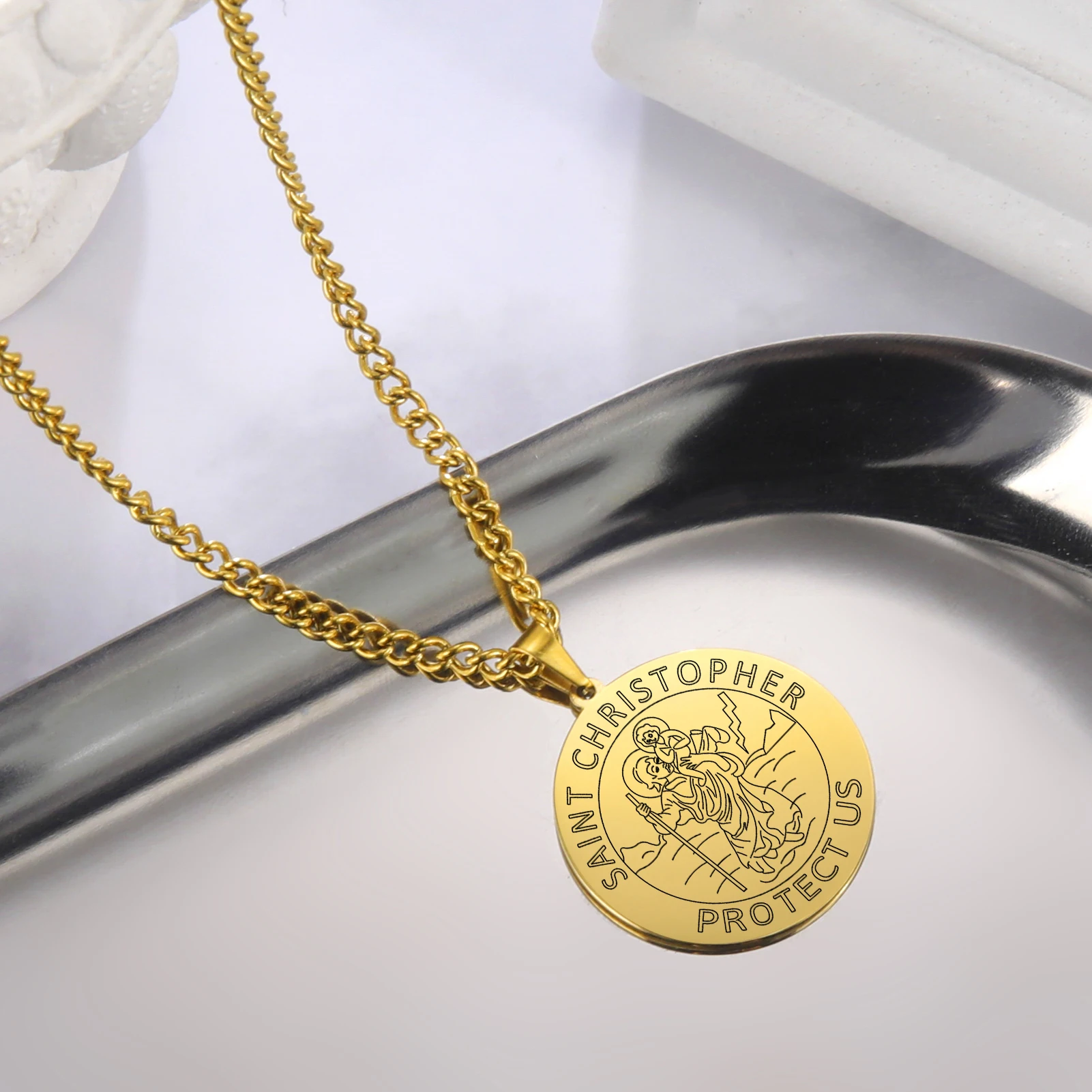 Dawapara Saint Christopher Medaille Halskette Jesus Truet In Sie Amulett Katholischen Schmuck Reisende Fahrer Geschenke Edelstahl – Detail 8