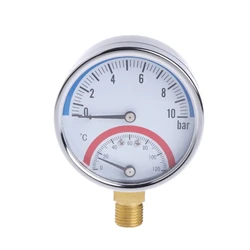 0-10 Bar Pressure Gauge 0-120℃ Temperature Gauge Meter with G1/4 Thread Presssure Gauge with Metal for Shell Lower Mount