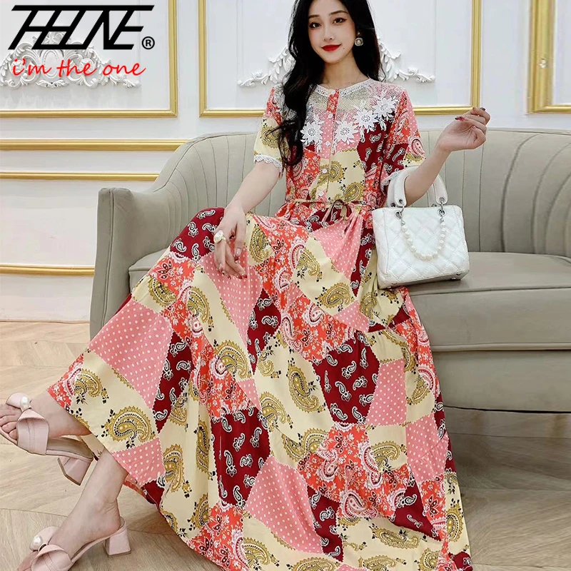 Summer Dress Women 2024 Vestidos Casual Plus Size Long Maxi Korean Style Beach Floral Cotton Lace O Neck Bohemian Indian Clothes