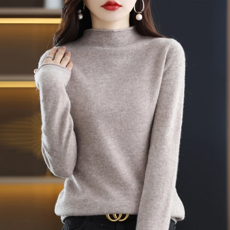 

Hemmed% wool sweater women's semi-high neck cashmere sweater in autumn and winter loose atmosphere top knitted bottomin