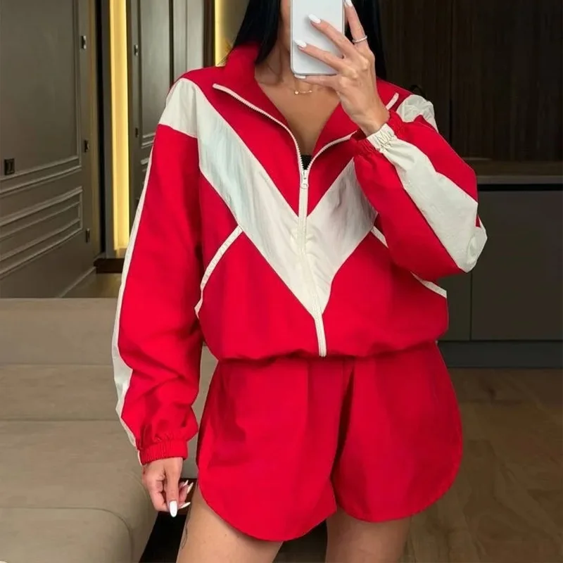 Retro Color‑Block Tracksuit Women's Stand Collar Windbreaker Jacket Short Pants Loose Streetwear 2 Piece Casual Matching Set New