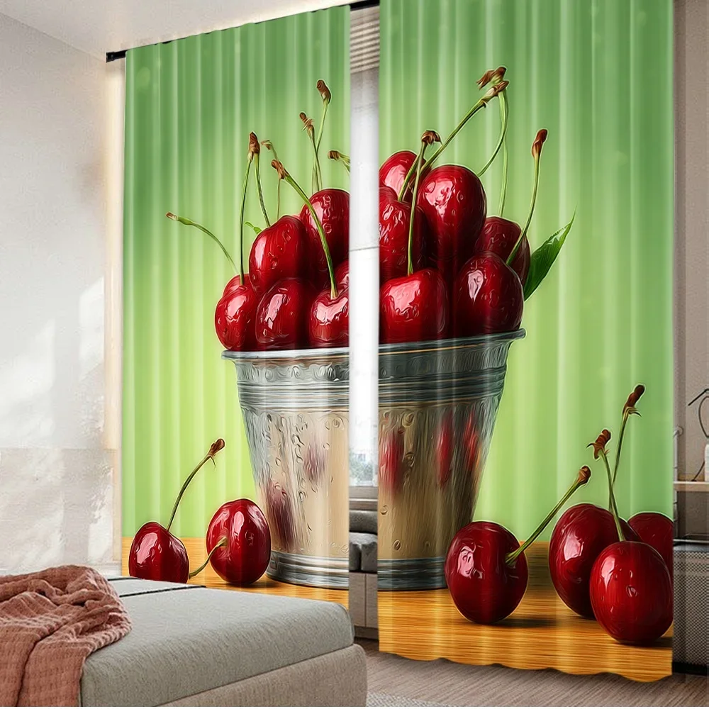 2D flat printing 2pcs Party Curtain Fresh Cherry Bucket Digital Printed Polyester Drapes Festive Curtains Use for Entryway Room