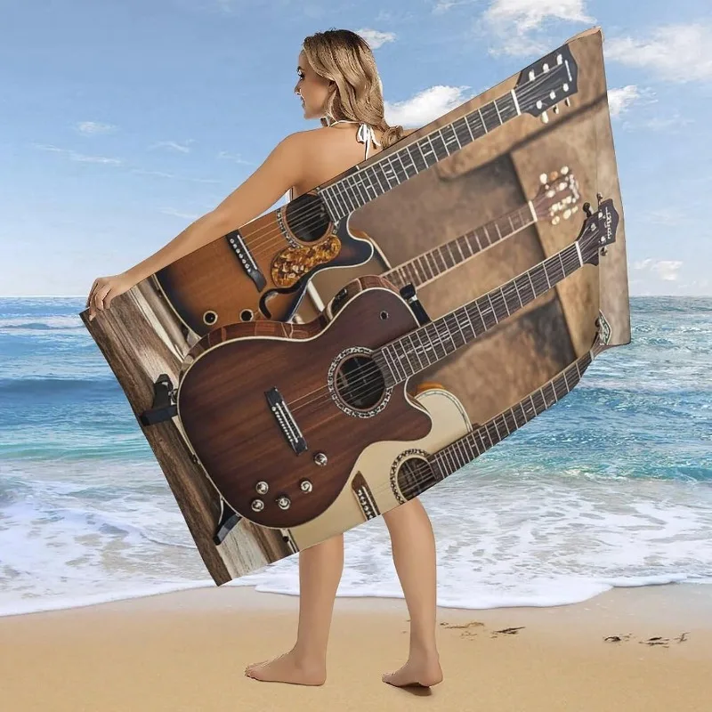 Guitar Print Beach Towel - Vintage Musical Instrument Design Microfiber Towel, Soft Quick Dry Sand-Free for Travel Pool Music
