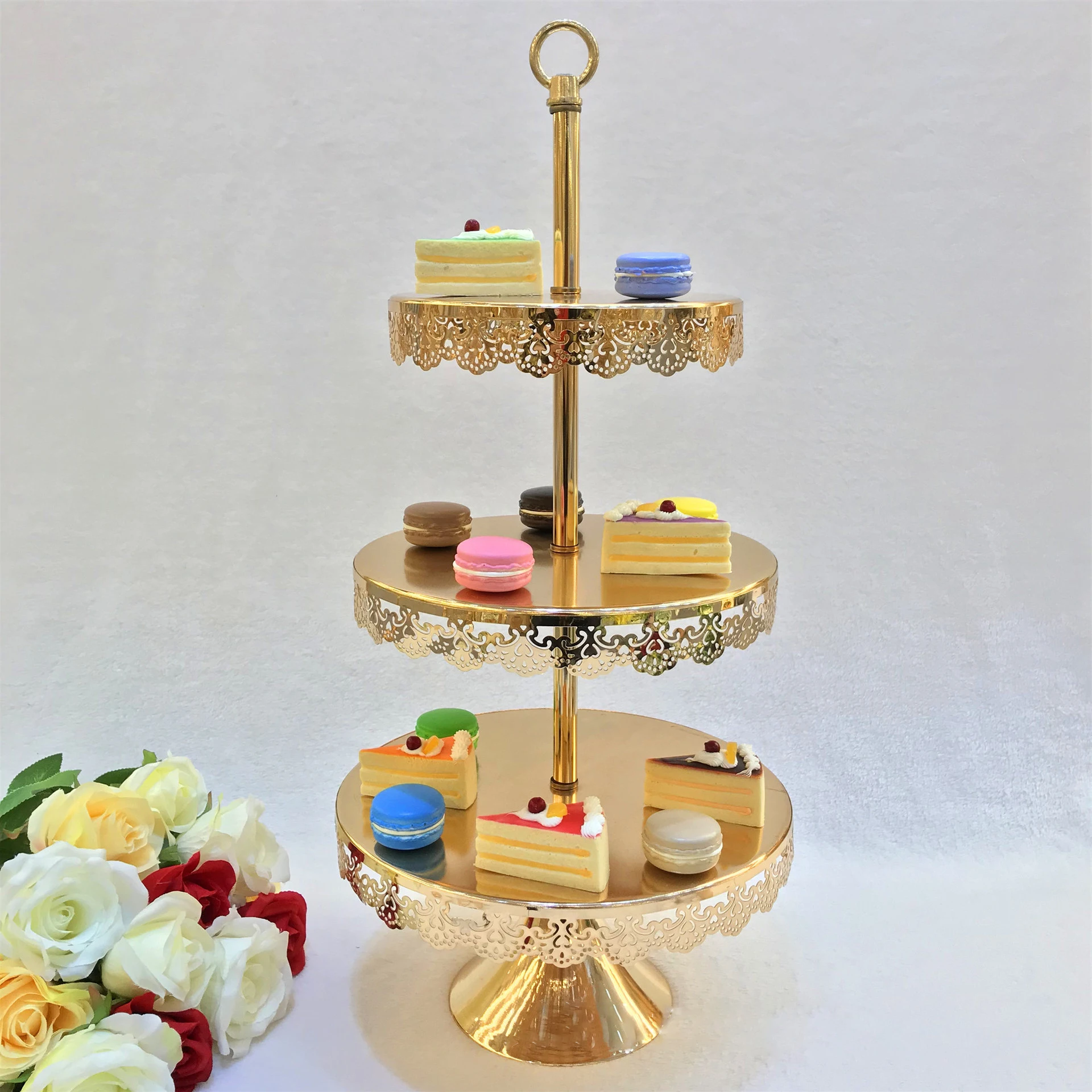 Modern 3 tier  multilevel serving tray gold metal wedding cake plate stand catering food cake stands