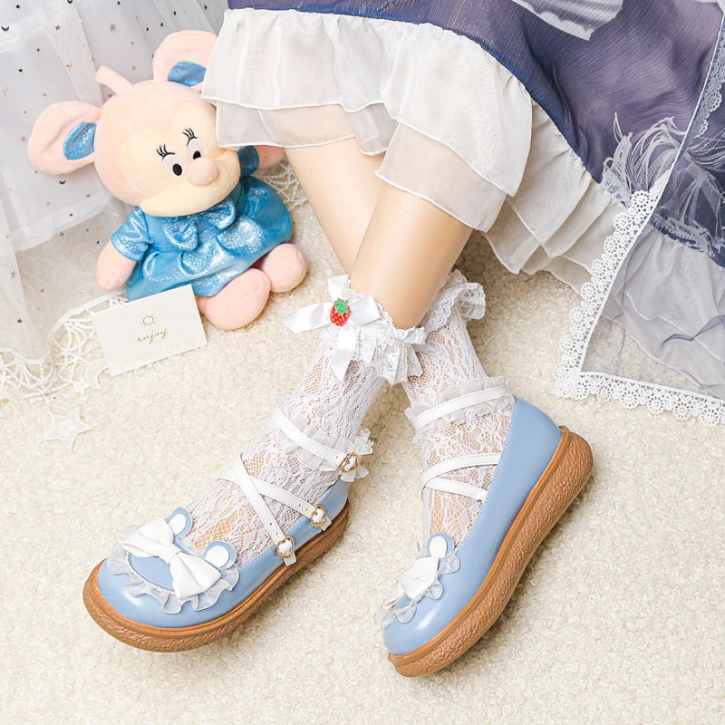 Women Lolita Princess Maid Cosplay Shoes Patchwork Color Cross Strap Buckle Round Toe Girls Cute Rabbit Ears Pumps Flat Heels