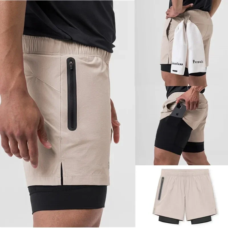 

Men Fitness Bodybuilding Shorts Gyms Workout Male Breathable 2 In 1 Double-deck Quick Dry Sportswear Jogger Summer Sports Shorts