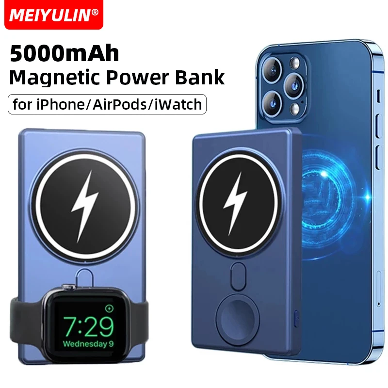 5000mAh Magnetic Wireless Power Bank for Apple Watch 8 7 6 5 Portable Mini External Battery Wireless Fast Charger for iPhone 15