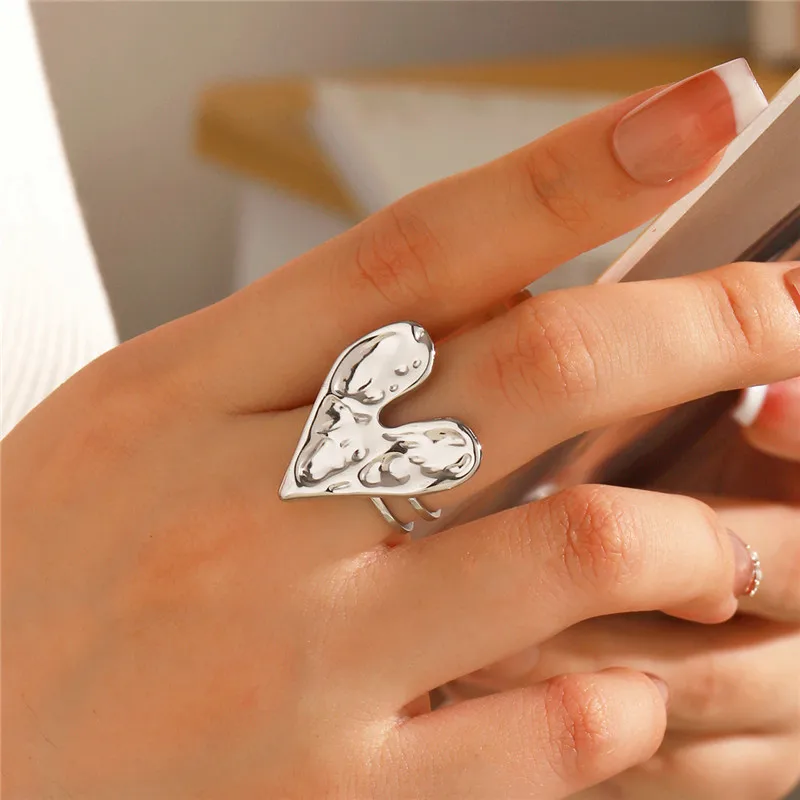 Irregular Stainless Steel Big Heart Charm Rings for Women Fashion Creative Joint Jewelry Ladies Wedding Ring Gifts Accessories