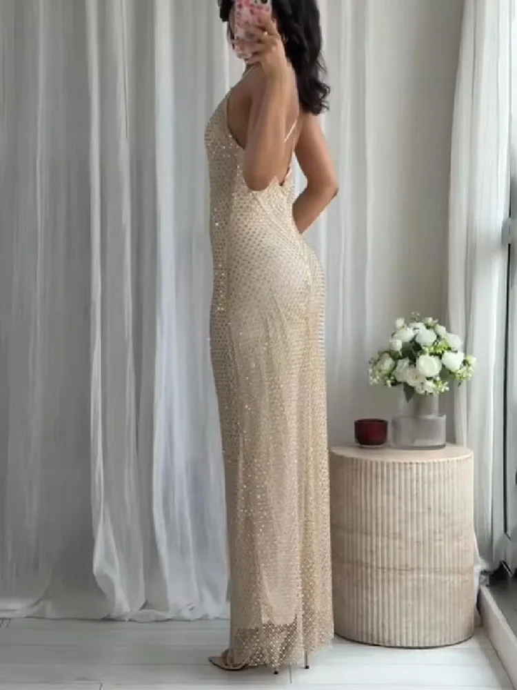 HH femmes été Sexy robe longue col oscillant dos nu décoration bouton femme nouvelle mode solide mince robe sans manches