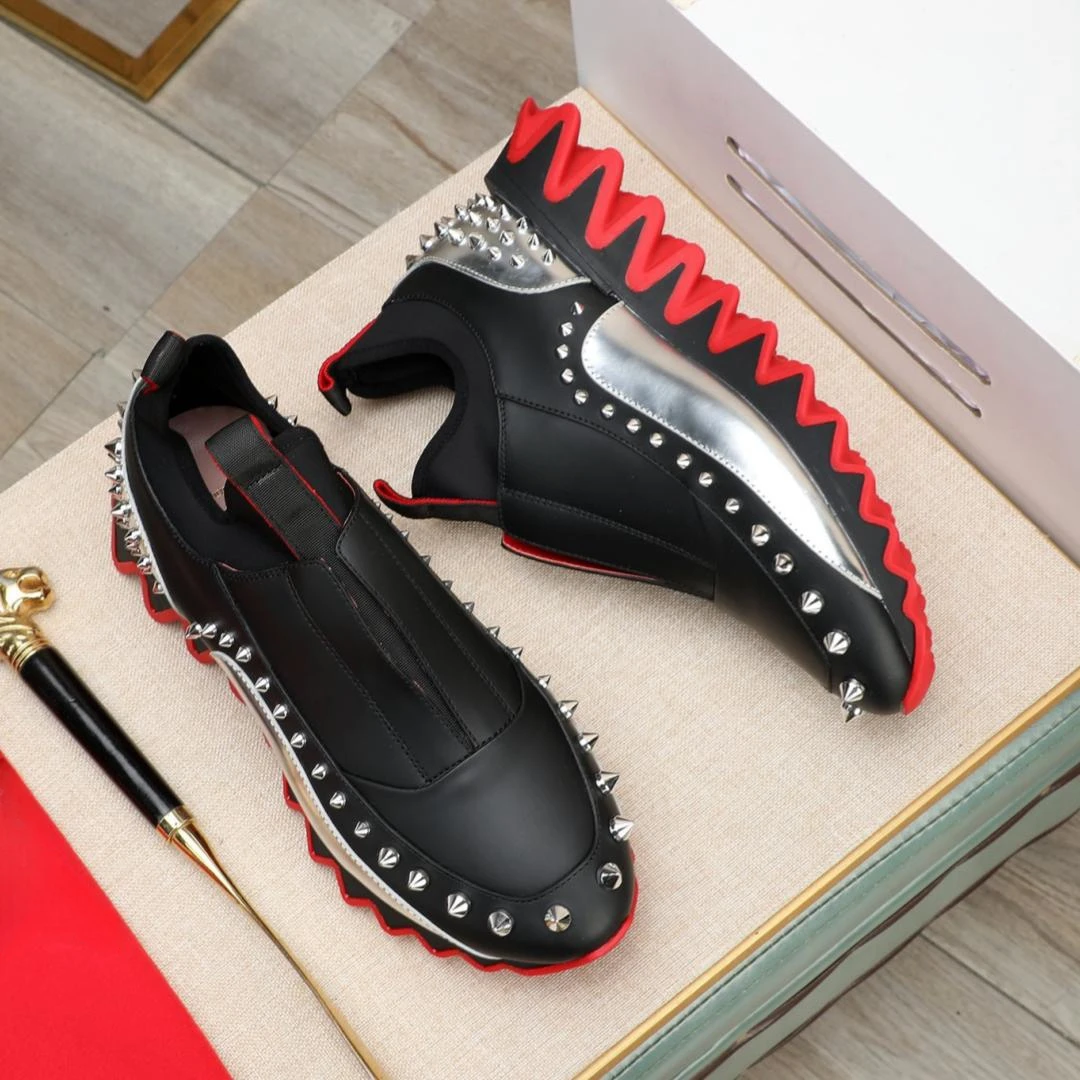 Luxury Red Bottom Cl Shoes Fashion Design Rivets Male Sneakers Red Black Mixed-color Serrated Shape Casual Sports Trainers