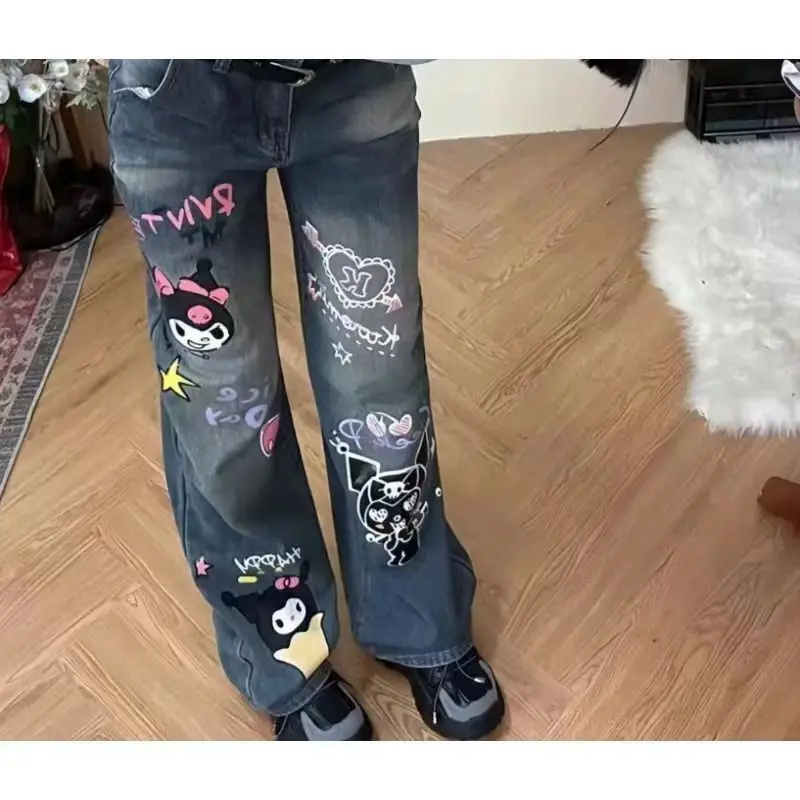 

Джинсы Sanrio Kawaii Kuromi: универсальные свободные брюки с широкими штанинами, милый новый стиль, простой модный принт, элитные подарки