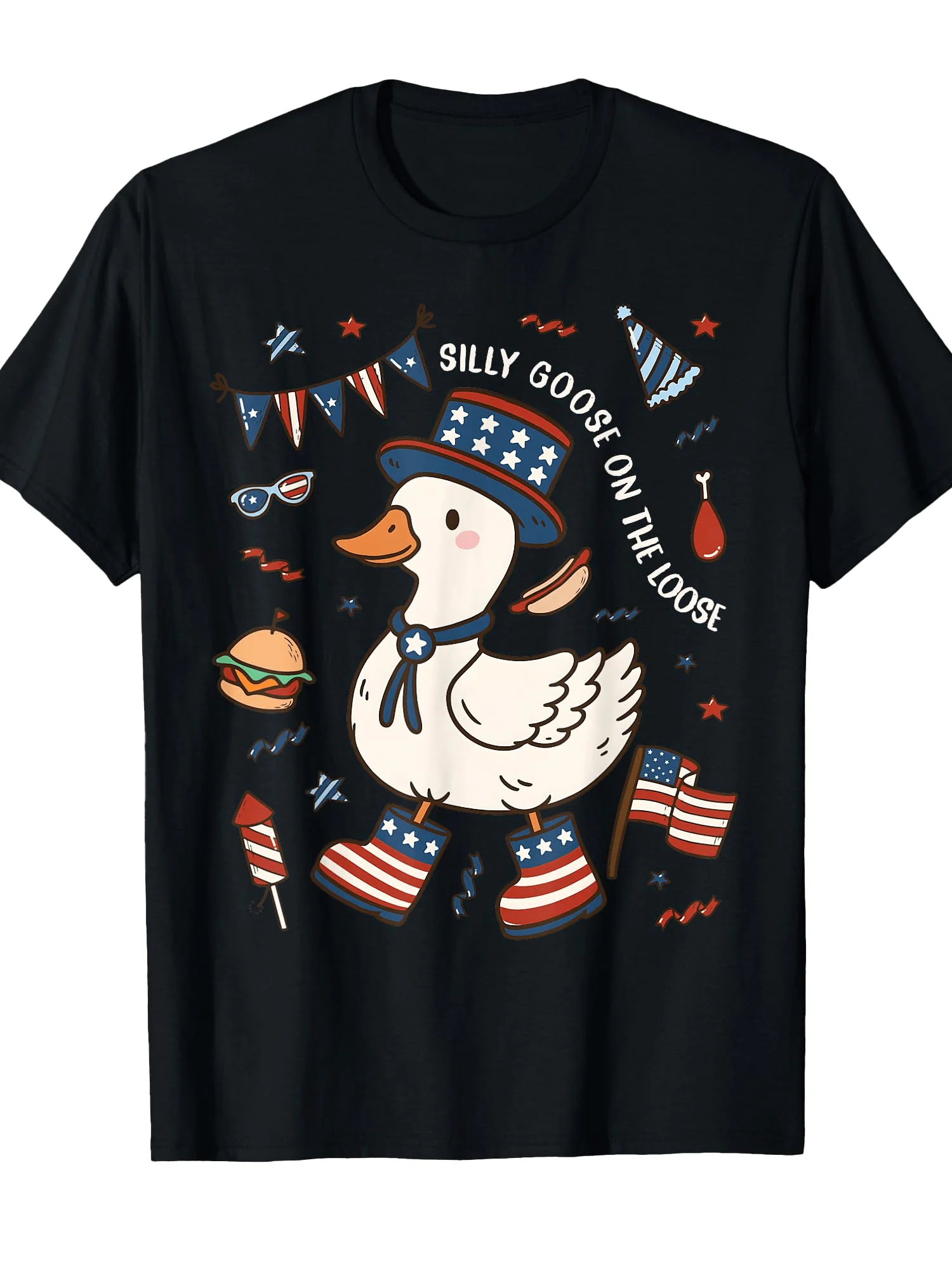 

Silly Goose On The Loose Patriotic Graphic Tee Summer Fun Casual T-Shirt Unisex BBQ Trip Apparel