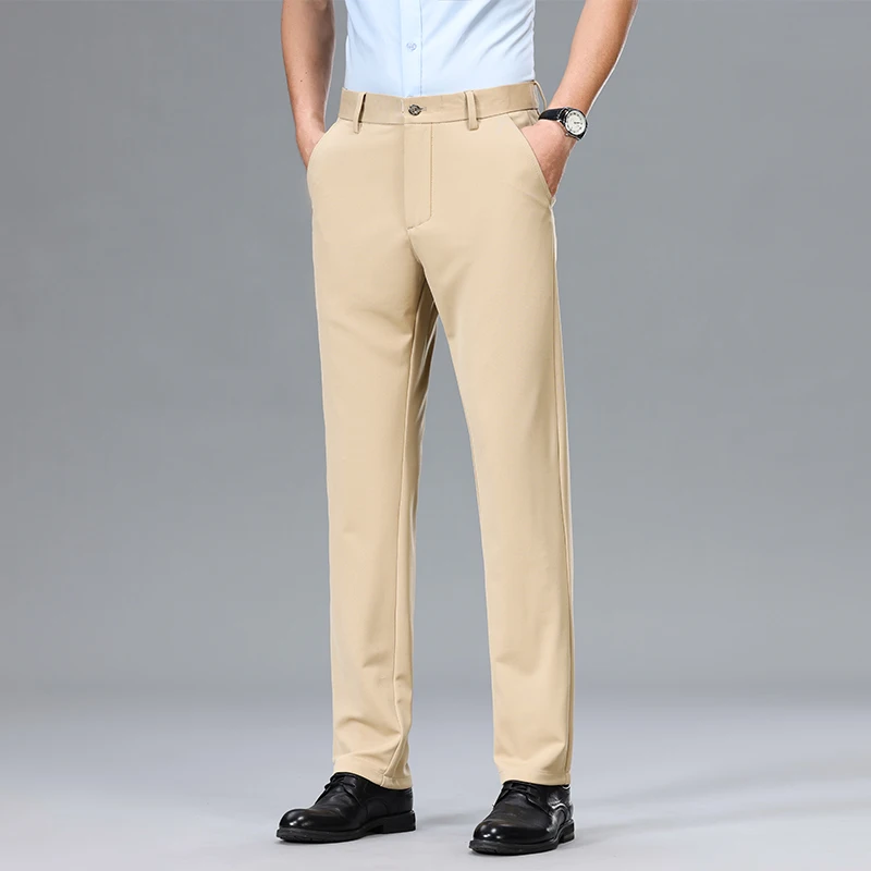 Stylish Straight Basic Trousers Solid Color Elastic Spring Summer Thin Mid Waist Fashion Button Men\'s Business Casual Suit Pants