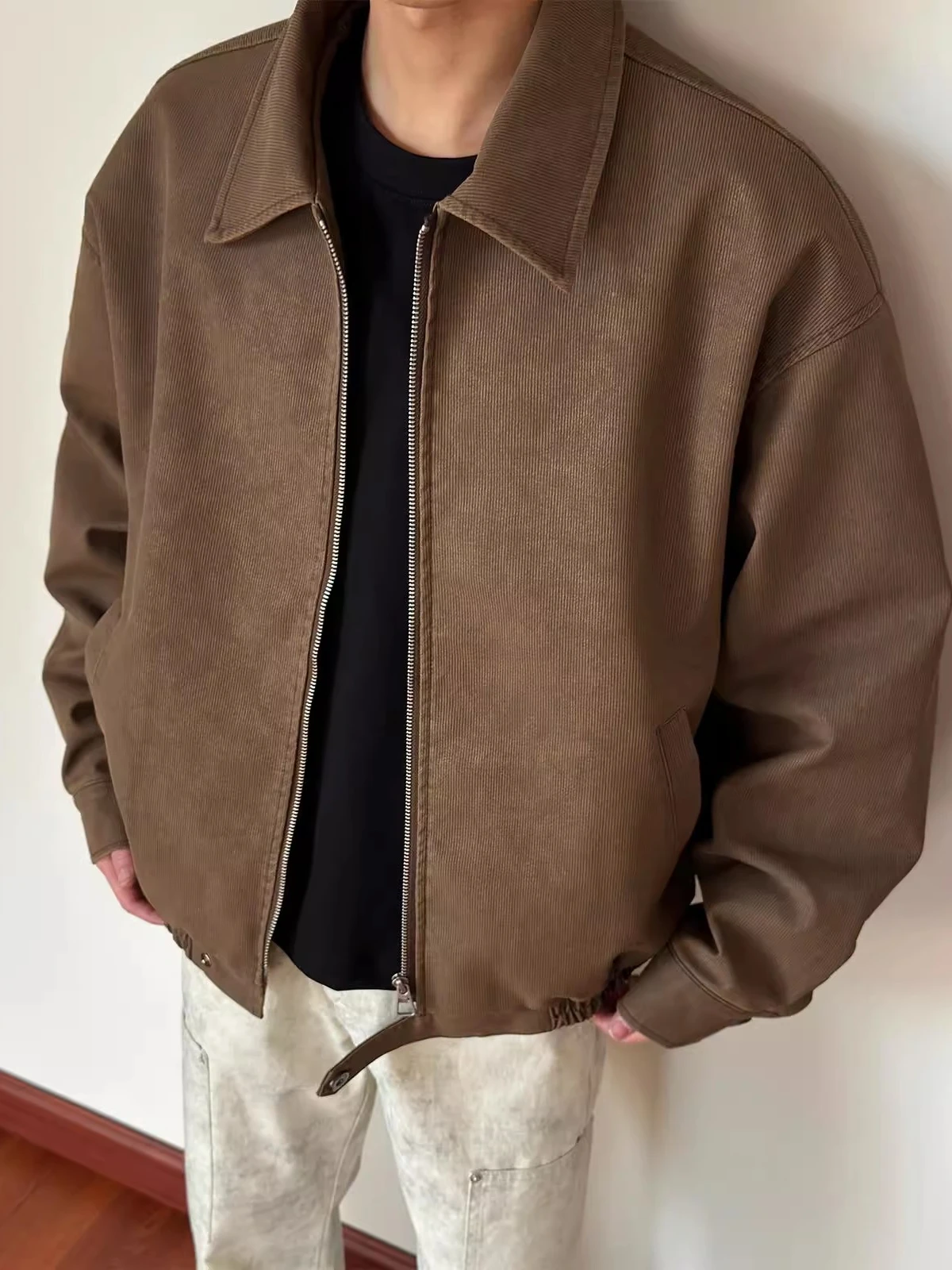 

American Retro Workwear Jaet Loose Casual Turn-down Collar Khaki Simple Outerwear for Men Spring Autumn Season