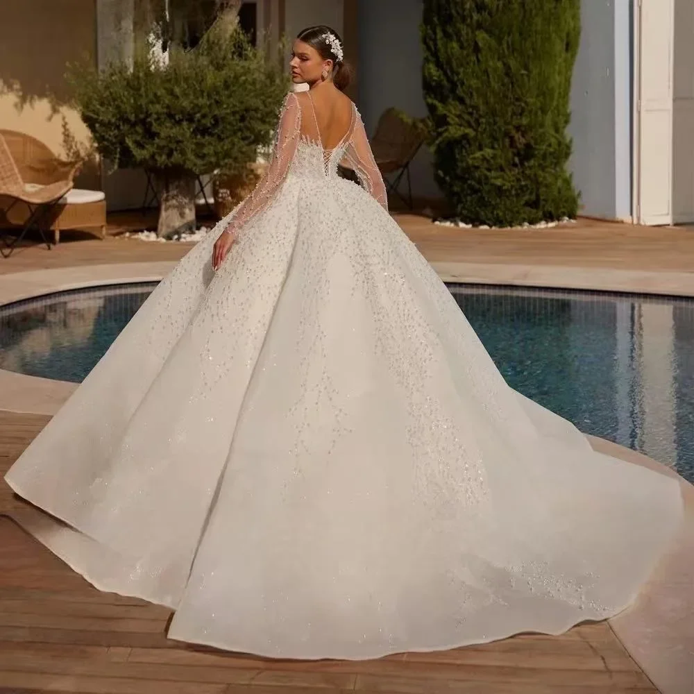 

Свадебные платья Flavinke с индивидуальным дизайном, вырезом-лодочкой, жемчугом и бисером, с длинными рукавами, бальные платья, свадебные платья с шлейфом, Vestidos de novia