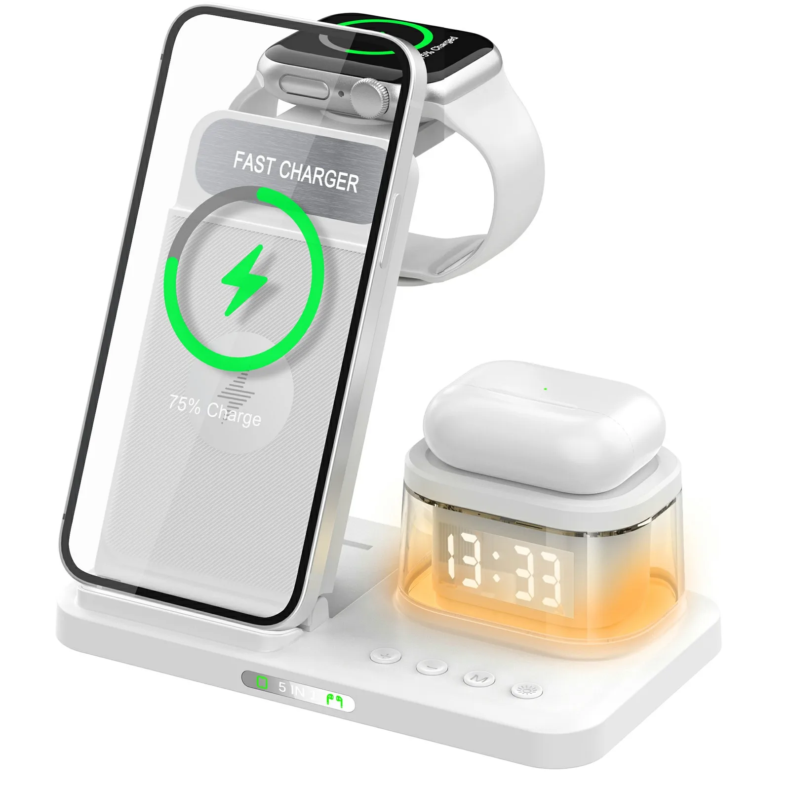 5-in-1 15W Wireless Charger Folding Charging Station with Night Light for Iphone IWatch Airpods