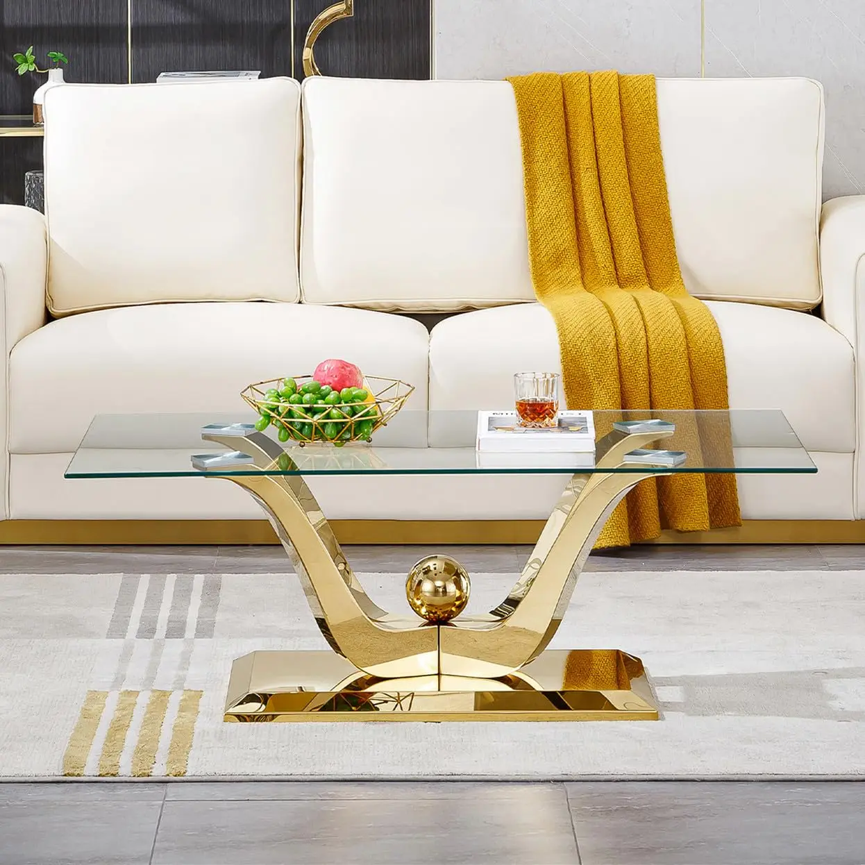 Gold Glass Coffee Table With Floral Stainless Steel Base, Customized