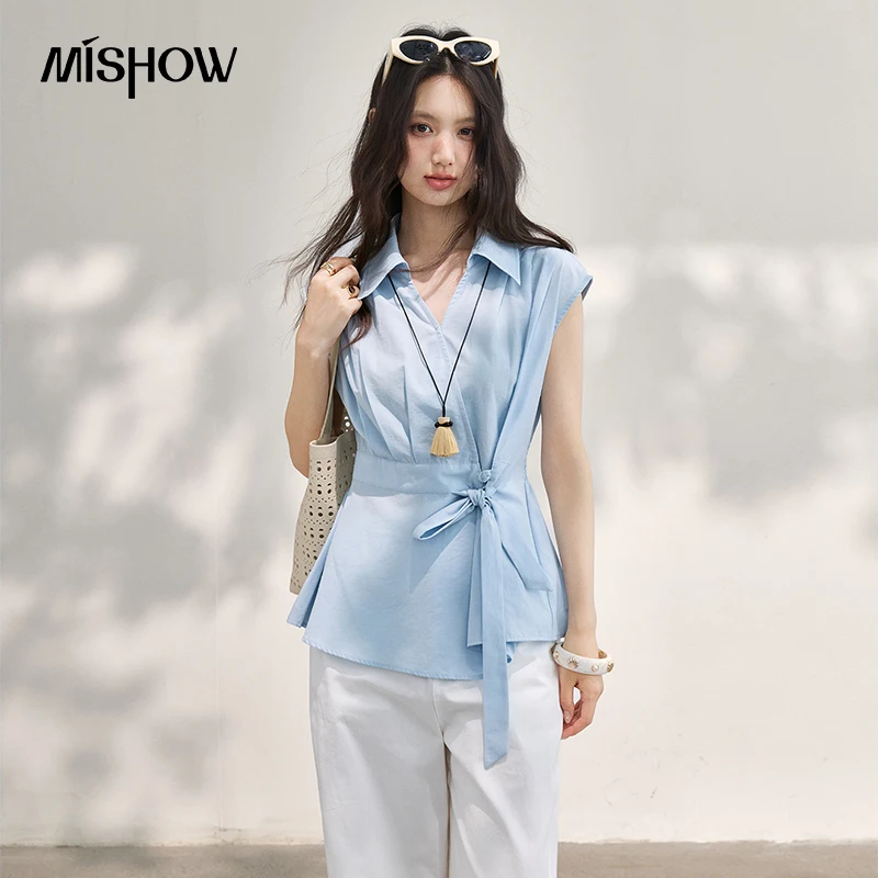 

MISHOW Blue Collar Shirt For Women 2026 Summer New Adjustable Lace Irregular Hem Solid Office Minimalist Slimming Top MXF27C2513