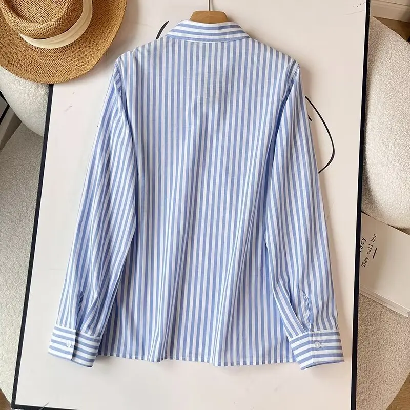 Maxdutti Minimalism Basic Striped Loose Shirt Women French Fashion Women\'s Cotton And Linen Long Sleeved Tops Shirt