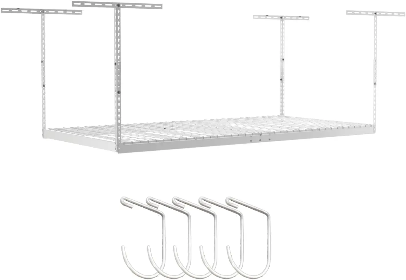 

4 ft x 8 ft Overhead Storage Rack Adjustable 24 in 45in Height White With Accessory Pack With 5 Piece Hook Accessory Pack