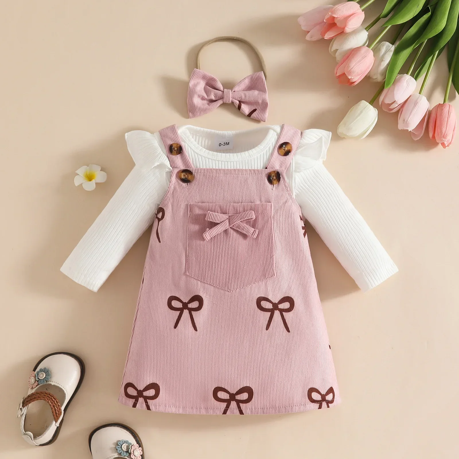 

0-18M Baby Clothing 3Pcs Set Flutter Sleeve Ribbed Bodysuit and Bow Print Dress and Headband Toddler Girl Sweet Infant Outfit