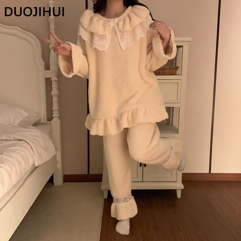 DUOJIHUI-Pijama de encaje para mujer, conjunto de 2 colores, suave y cálido, de Color puro, informal, Simple, a la moda