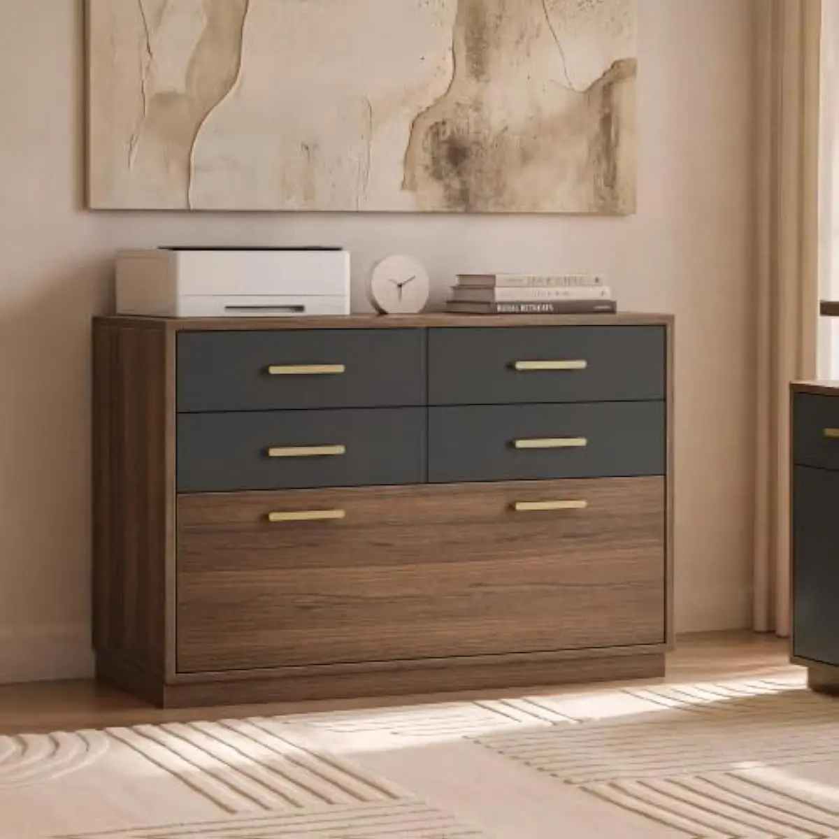 5-drawer lateral filing cabinet 31.4 inches wide for letter legal and A4 documents engineered wood construction black walnut fin