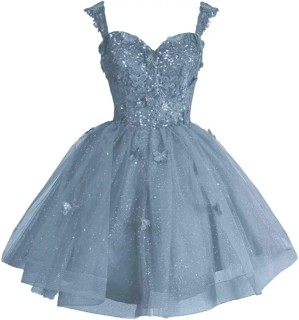 3D 나비 반짝이는 튤 짧은 홈커밍 드레스 - 십대들을 위한 오프숄더 미니 가운 반짝이는 칵테일 파티 드레스 무릎 위