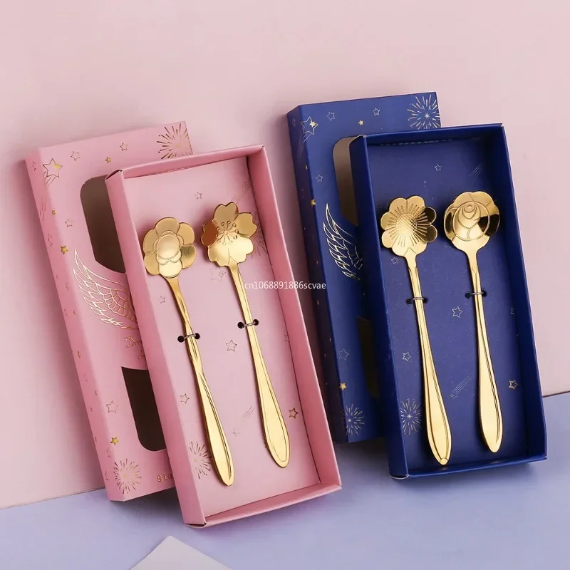 2PCS Creative Personality Stainless Steel Gold Spoons Tree Leaf Coffee Tea Home Restaurant Dessert Tools Kitchen Accessories