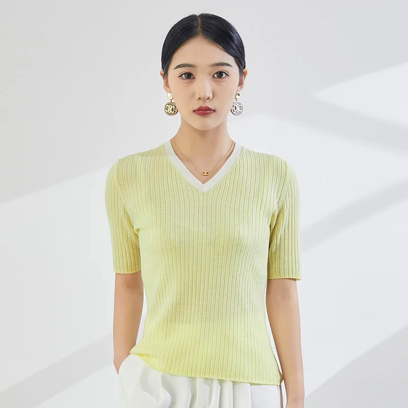 Spring and Summer New Worsted 100% Pure Wool Knitted T-Shirt Ladies V-Neck Contrast Short-Sleeved Shirts Slim High-End Thin Tops