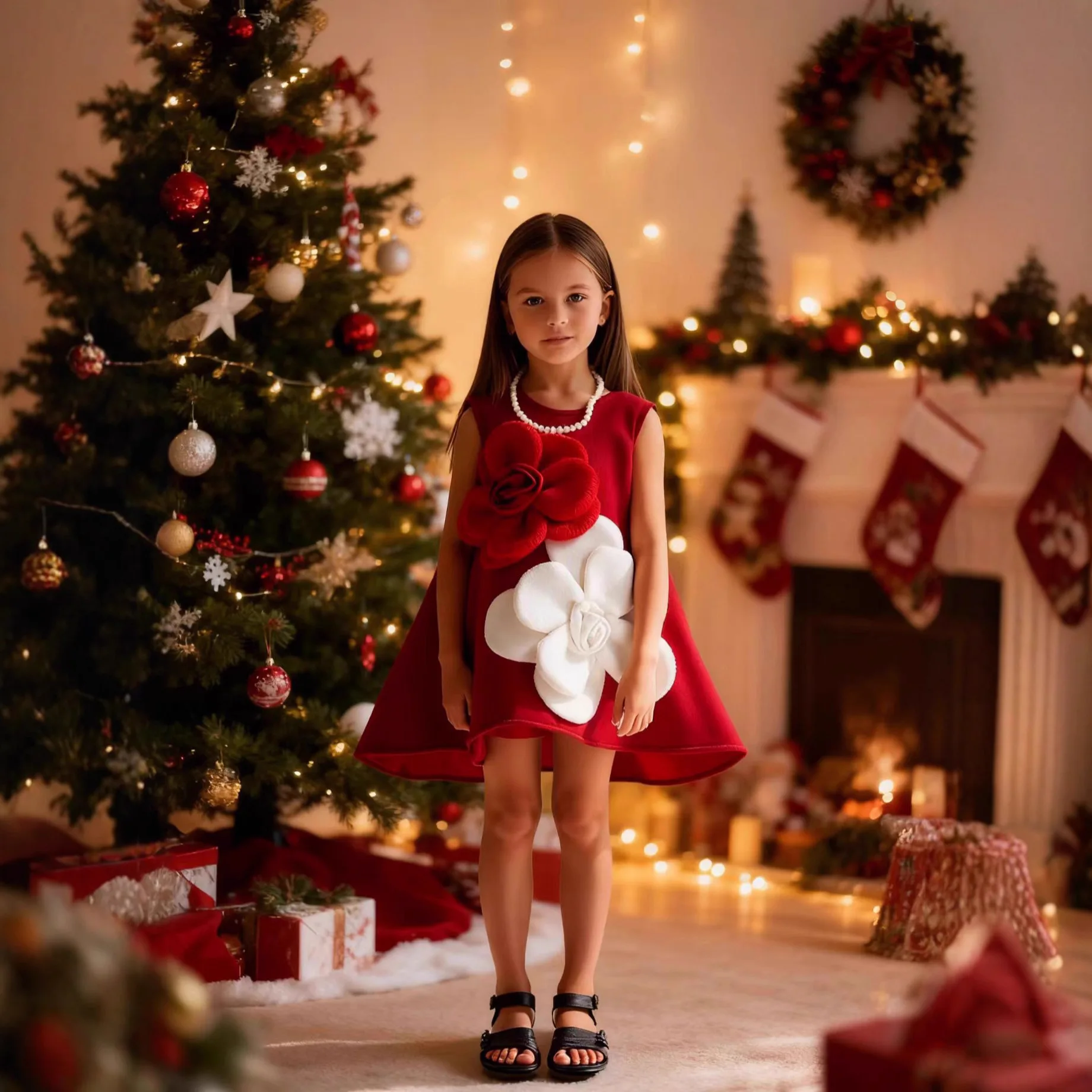 

Girl Princess Dress Three Dimensional Flower Sleeveless Summer Fashion A-Line Kids Girls Soft Wedding Party Red Children Dresses